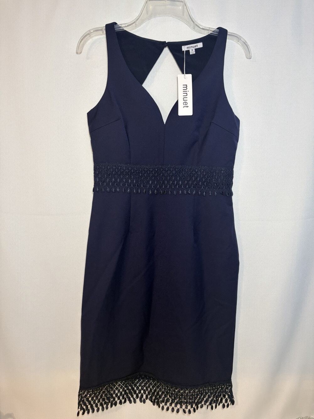 NWT Minuet Navy Blue Lace Waist Cutout Back Fringe Hem V-neck Sz Medium Party